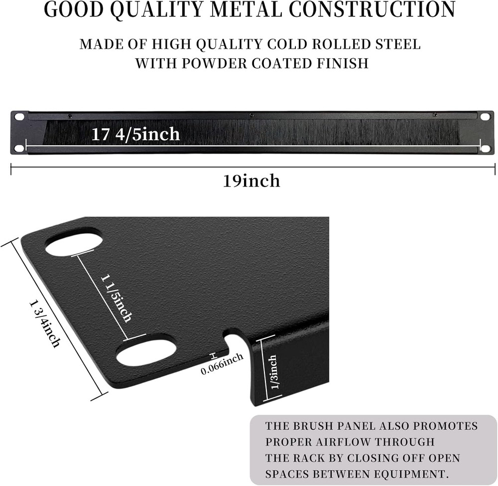 1U Rack Mount Blank Panel with Brush for Cable Management (2 Pack)