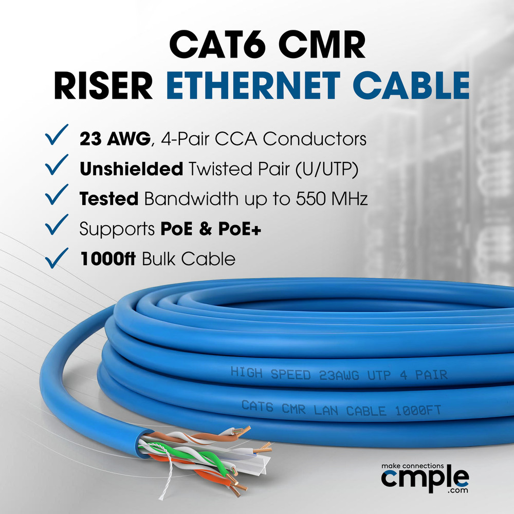 Cat6 Plenum Ethernet Cable 1000ft CMP 550MHz Solid Wire Bulk Ethernet LAN Blue