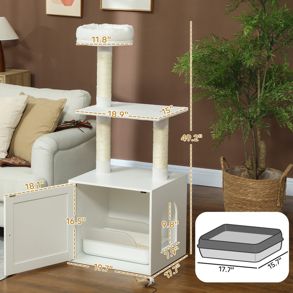 Cat Tree with Litter Box Enclosure, Scratching Posts, Bed, Climbing Platforms