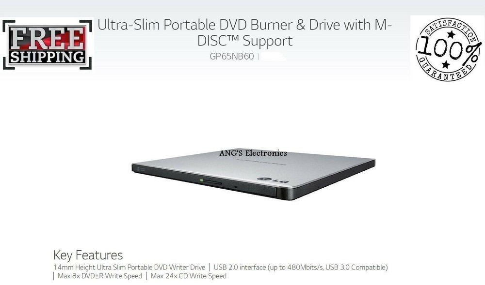 New LG USB Slim Portable External Drive CD/DVD Writer W/ Software for PC Laptops