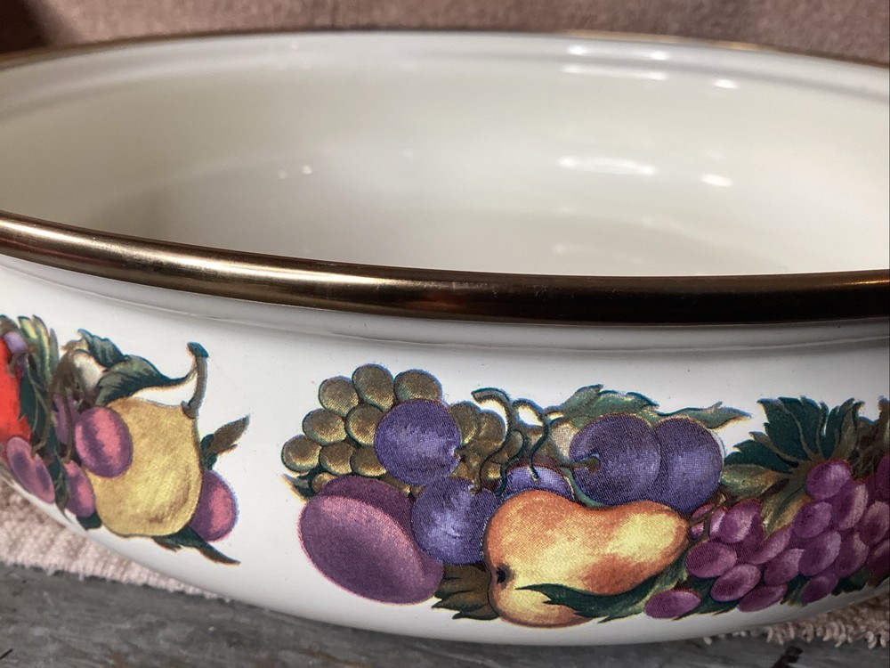 Cornucopia Lidded Serving Dish w/saucepan handles fruit pattern vintage