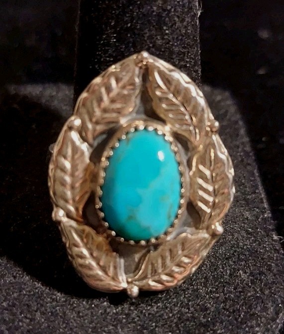 New Sterling Silver & Kingman Turquoise Adjustable Ring with Leaf Design
