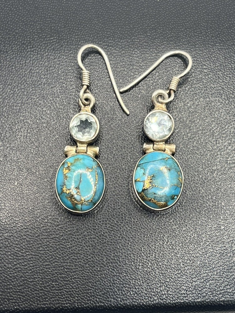 Sterling silver India turquoise blue cz stone dangle earrings