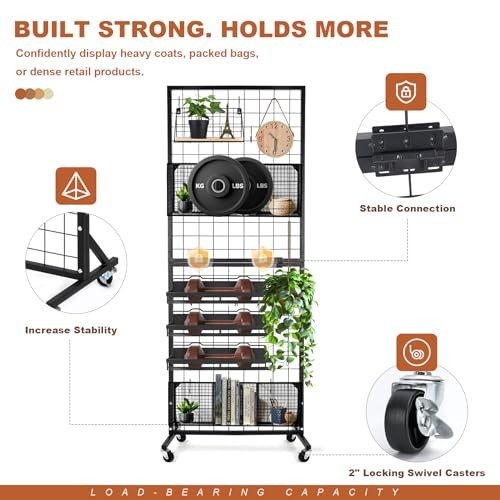 Foldable Grid Wall Panels Display Rack 5.6' x 2' FT, 30 Hooks, Movable Retail St