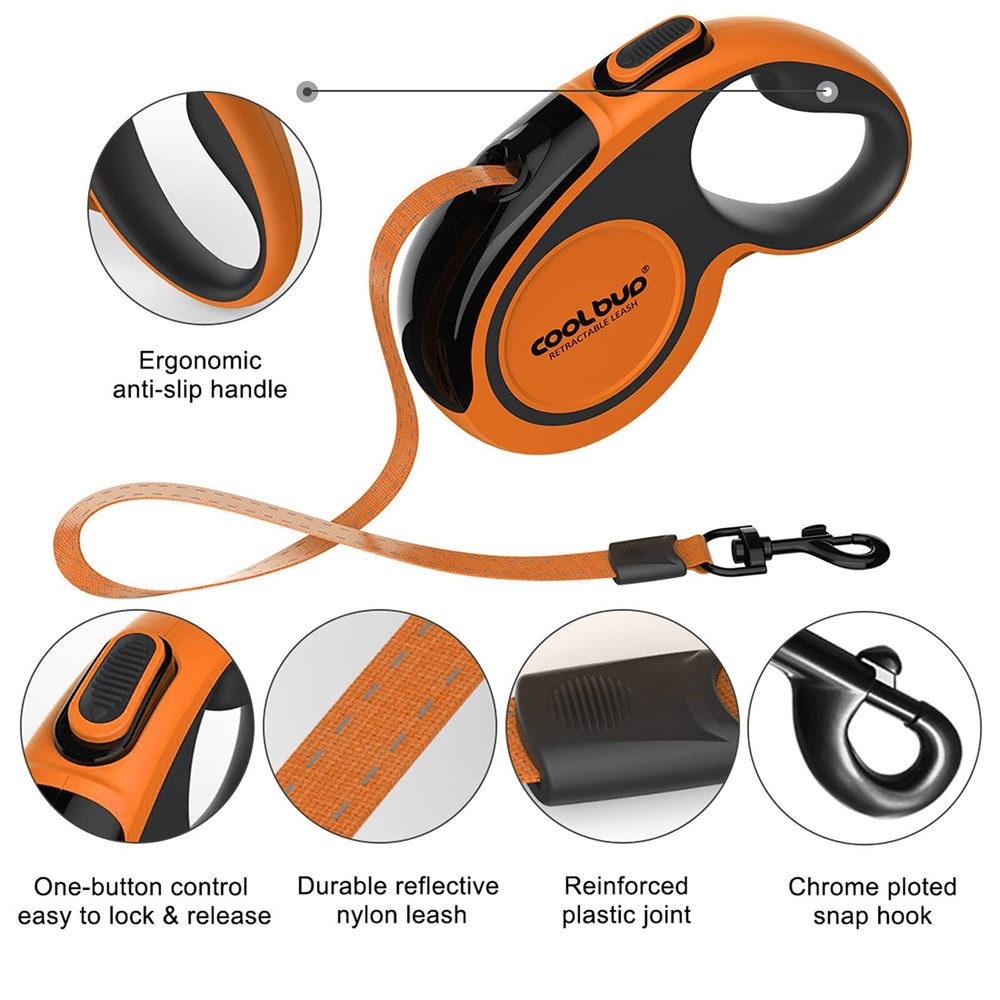 16FT Orange Retractable Dog Leash 66lb Max One-Button Lock Tangle-Free