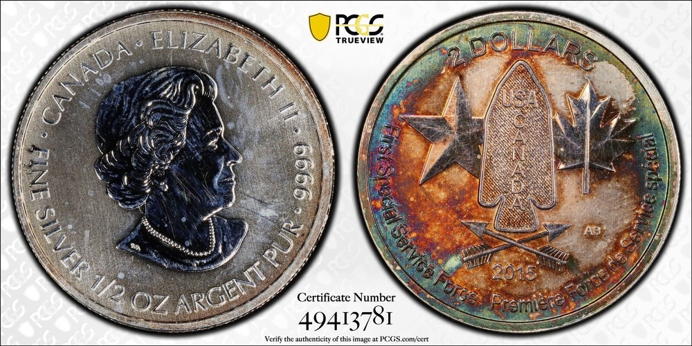 2015 Canada $2 PCGS MS63 Devils Brigade Monster Toner! Top Pop 1/2oz Silver