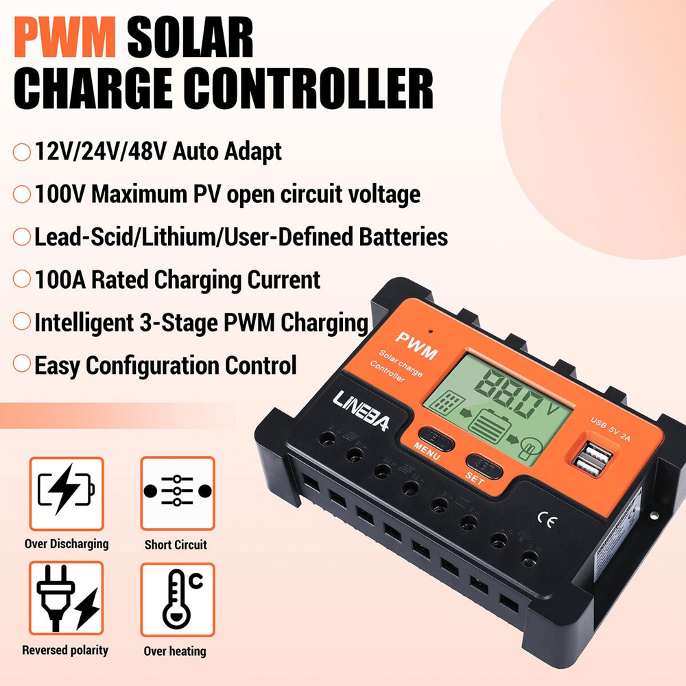 30/60/100A PWM Solar Panel Charge Controller 12V/24V/48V Battery Regulator 2 USB