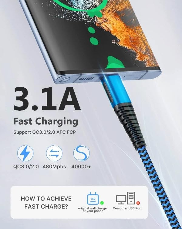 USB 3.0 Fast Charging Type C to A Cable - 3A Data Transfer, Nylon Braided...
