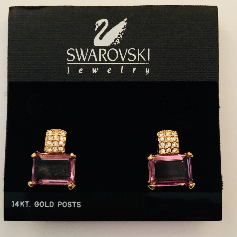 Signed Swan Swarovski Pink Rectangular Crystals with Clear Pave Pierced Earrings