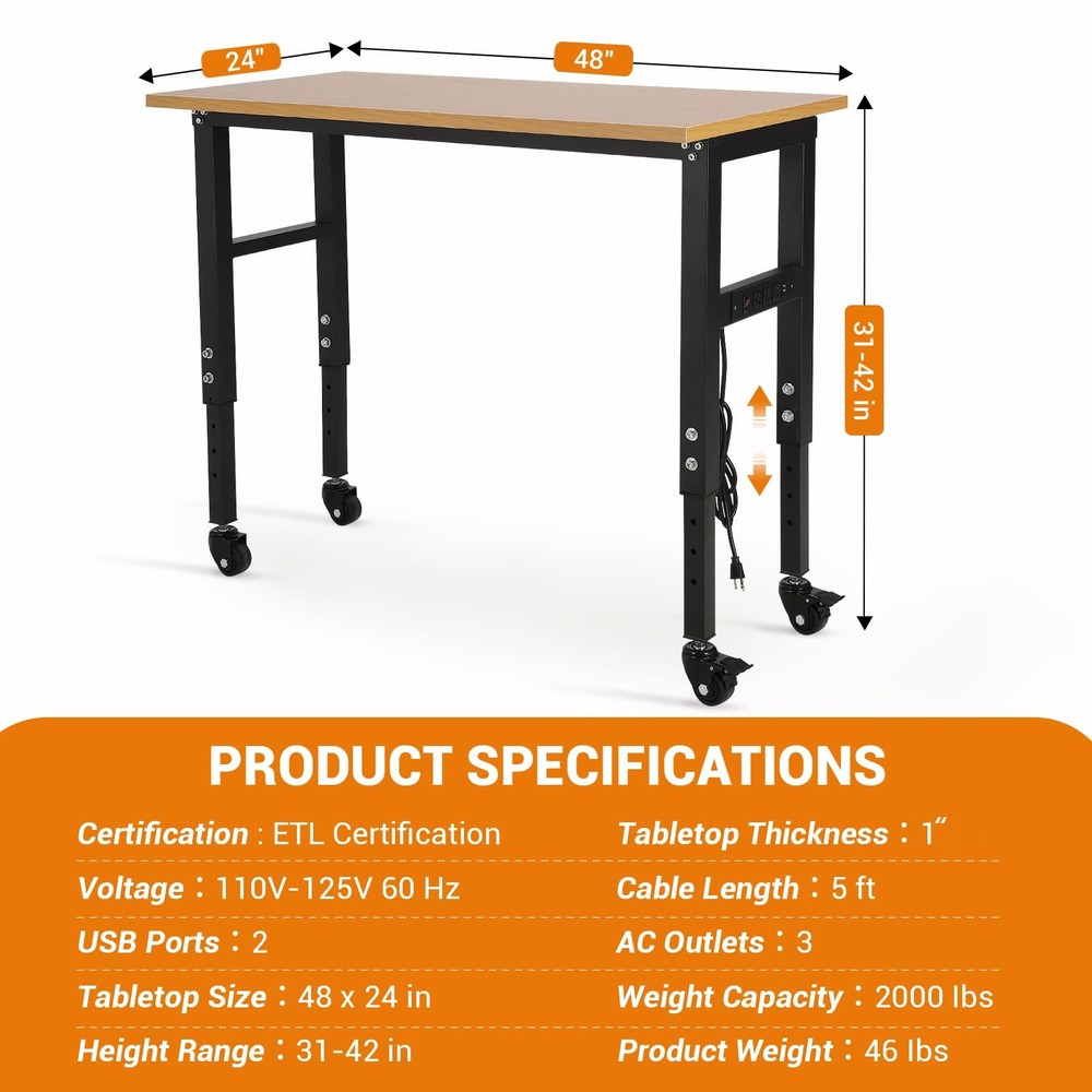 48" Adjustable Workbench, with Power Outlets Lockable Wheels Workshop 2000 Lbs
