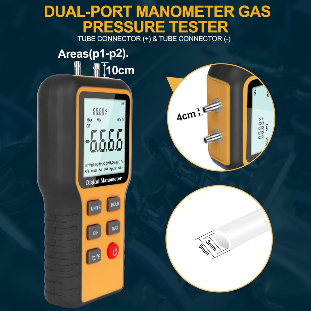 Handheld Digital Manometer - Accurate Gas Pressure Tester with Backlight Display