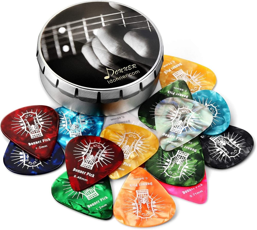 Donner Guitar Picks Celluloid 16 Pack Thin Medium Heavy Extra Heavy Picks + Case