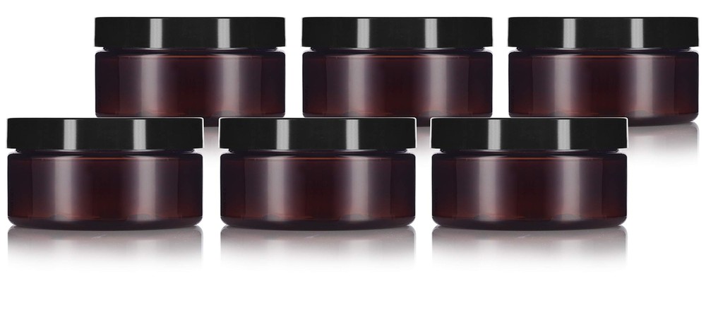 8 oz Amber Plastic Refillable Low Profile Jar with Black Lid 6 Pack