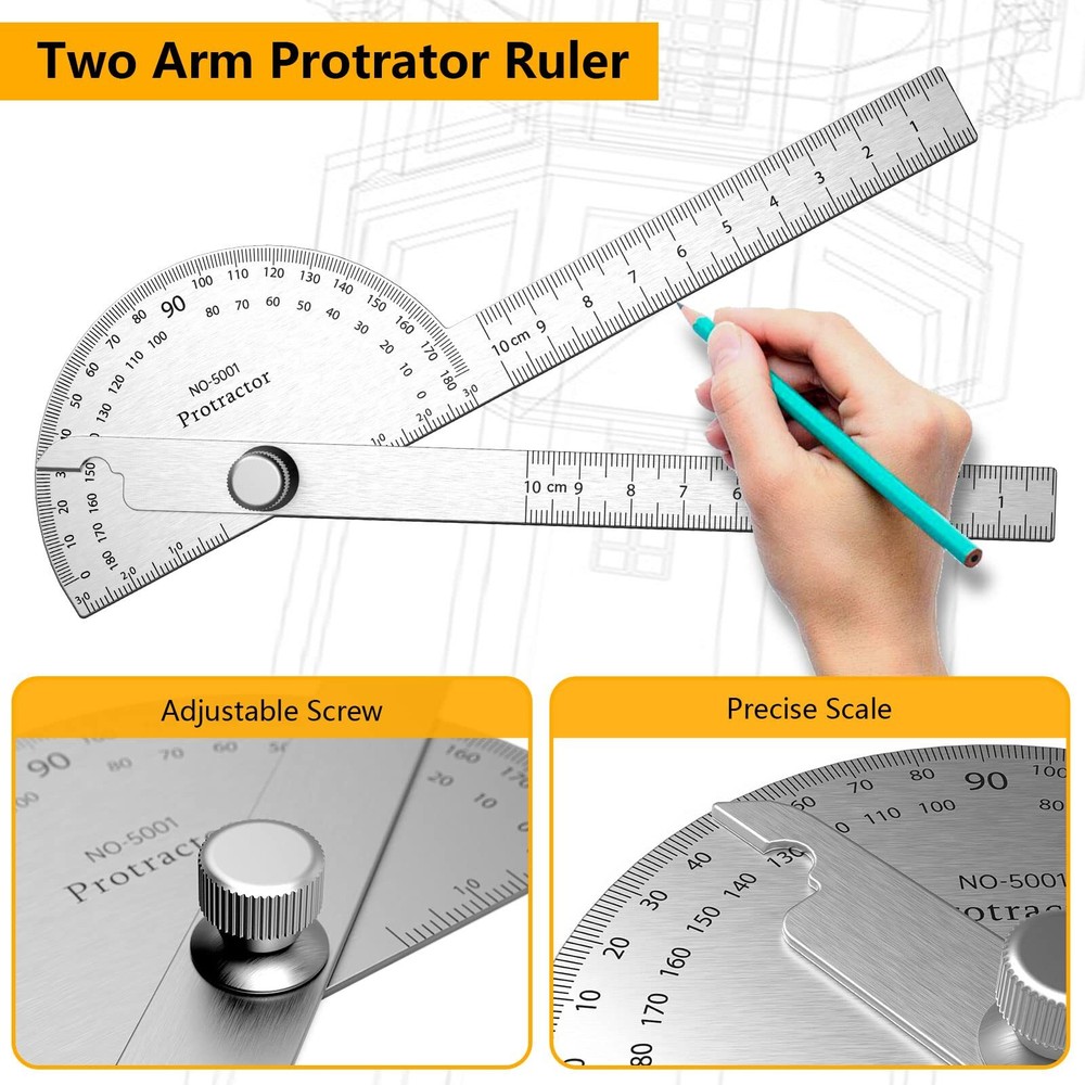 Stainless Steel Protractor 180 Degrees Two Arm Ruler Adjustable Angle Protractor