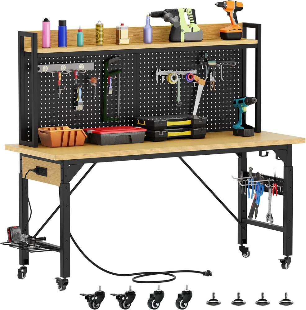 DWVO Workbench 48in Rolling AC Outlet Pegboard