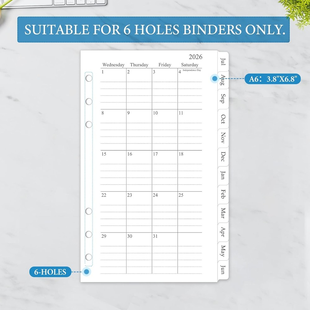 2026-2027 Monthly Planner Refill, A6 Small Size Planner Inserts for 6 Ring