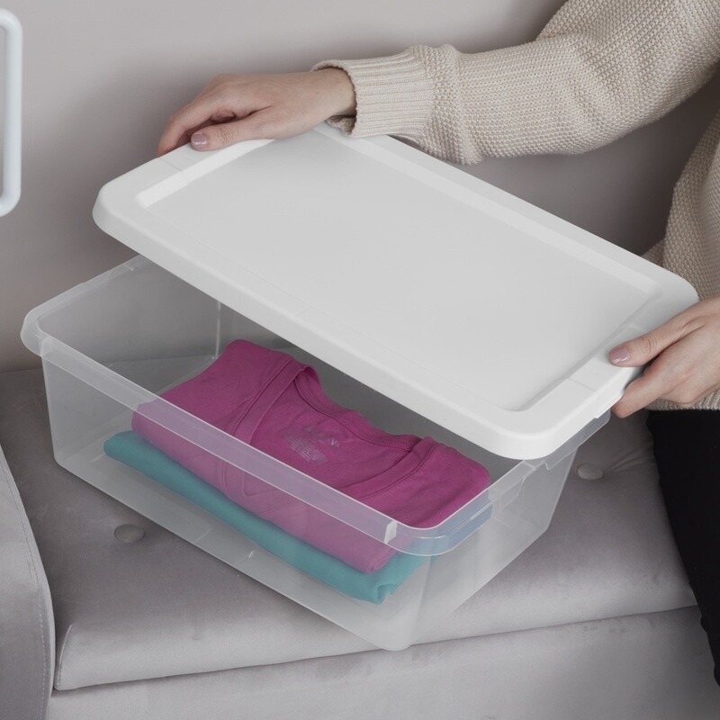 4 Pack Clear Plastic Storage Bins W/ Snap-on Lids Stackable Storage Boxes White