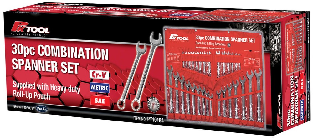 PT10184 - PkTool - 30pc METRIC & SAE Cr-V COMBINATION SPANNER SET