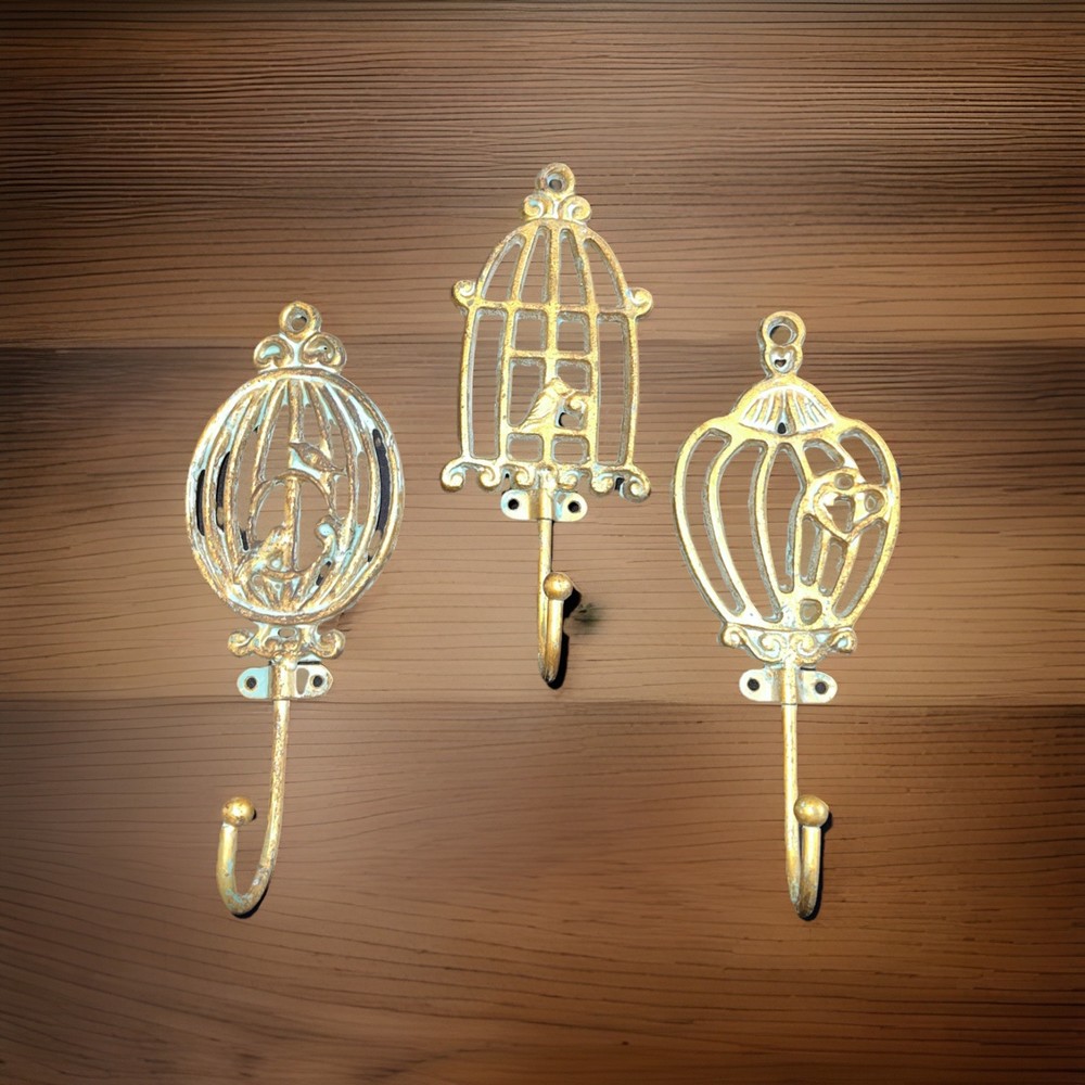 3 Antique Brass Birdcage Coat Hooks