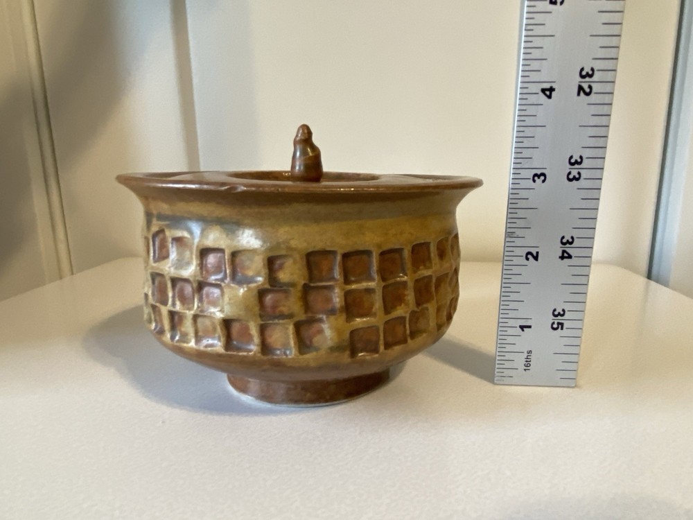 Unique Art Pottery Stoneware Lidded Jar Brown Beige Neutral Rust Square Pattern