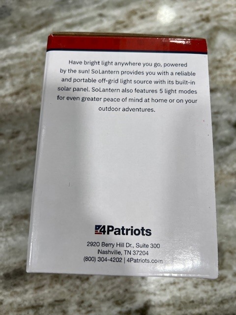 4 Patriots Solantern Solar Powered Lantern NEW