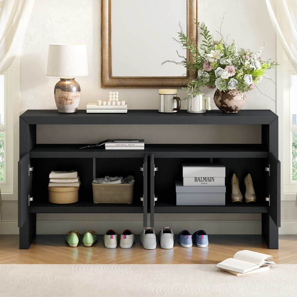 60" Modern Minimalist Solid Wood Veneer Sideboard (4 Doors+Open Shelf, Natural