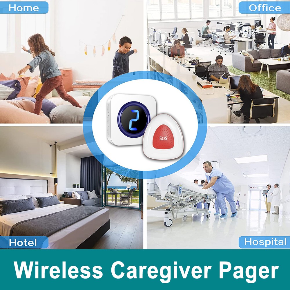 Caregiver Pager,1 transmitter calling 2 ringers,Wireless Call Button for Elderly