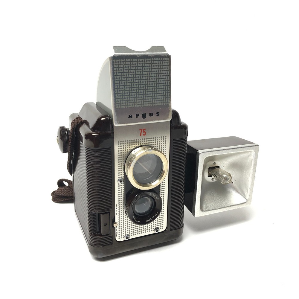 Vintage Argus 75 box camera with flash and Kali Bag case