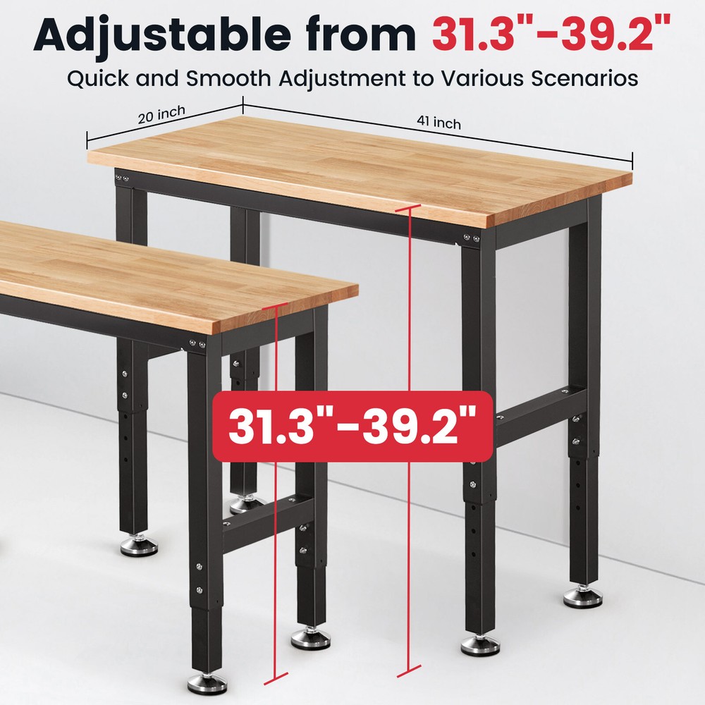Workbench for Garage 41In Work Bench Table Adjustable Height Rubberwood