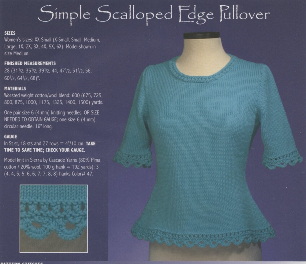 Vermont Fiber Designs Knitting Pattern 159 Simple Scallop Edge Pullover 28"-68"