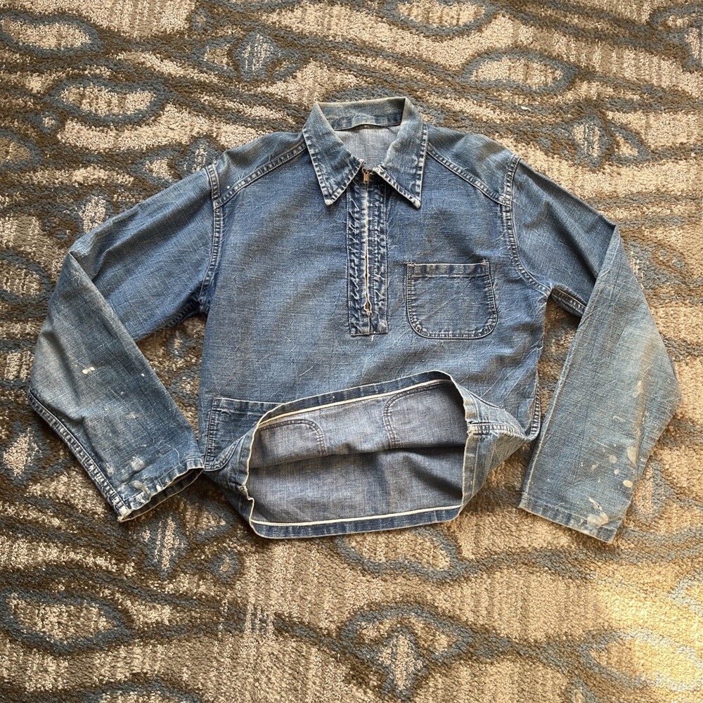 Vintage WW2 US Military Denim Smock Lightweight Pullover Jacket- Medium 1940's