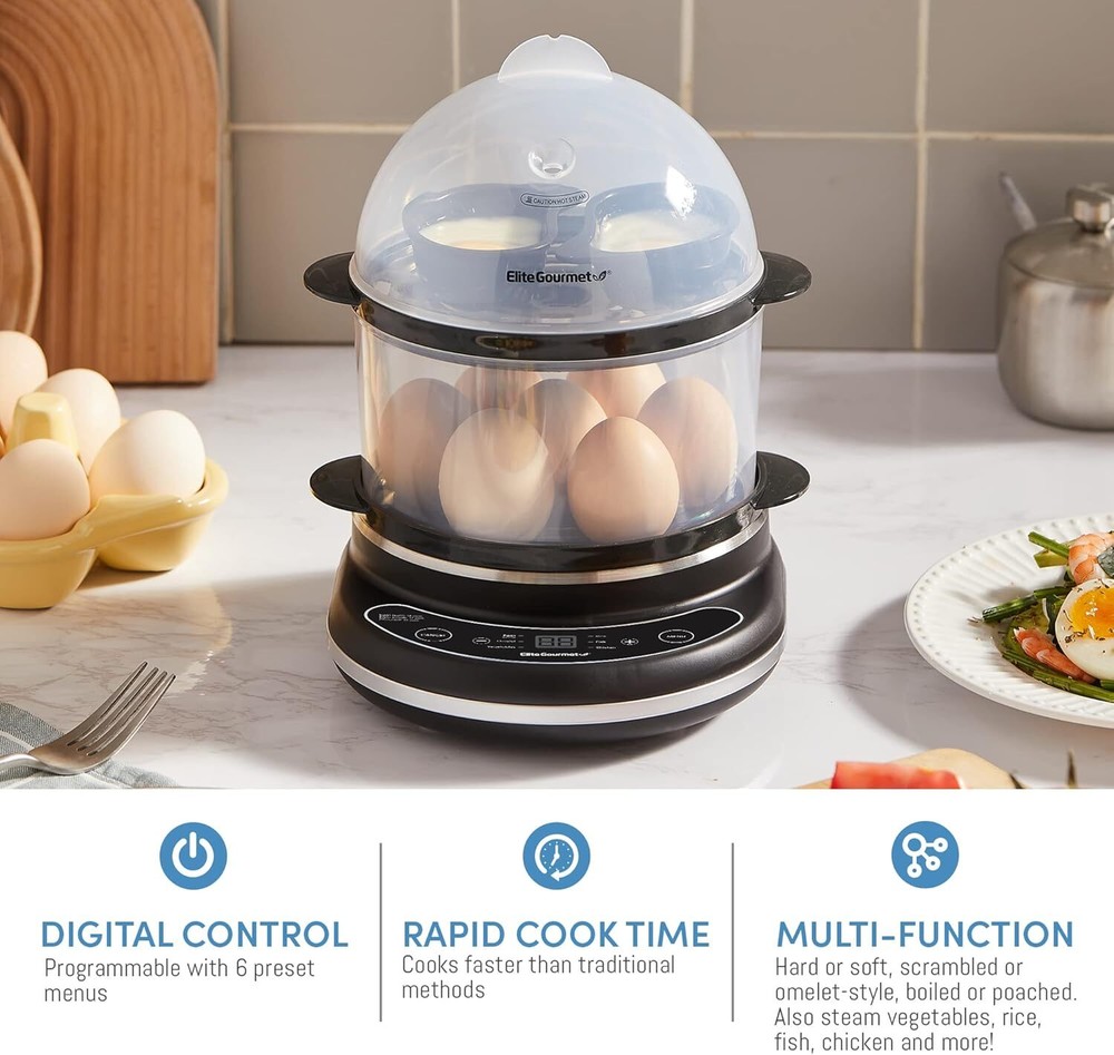 Digital egg cooker, egg steamer 2 tiers, measuring cup, 14 egg capacity