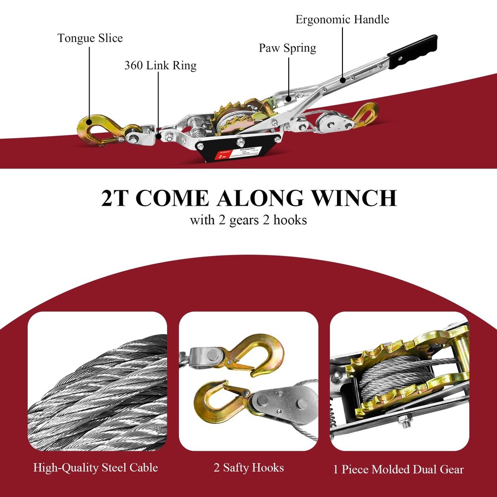 Come Along Winch, 2 Ton (4480 lbs) Pulling Capacity, 7 ft Steel Cable, 2 Hook...