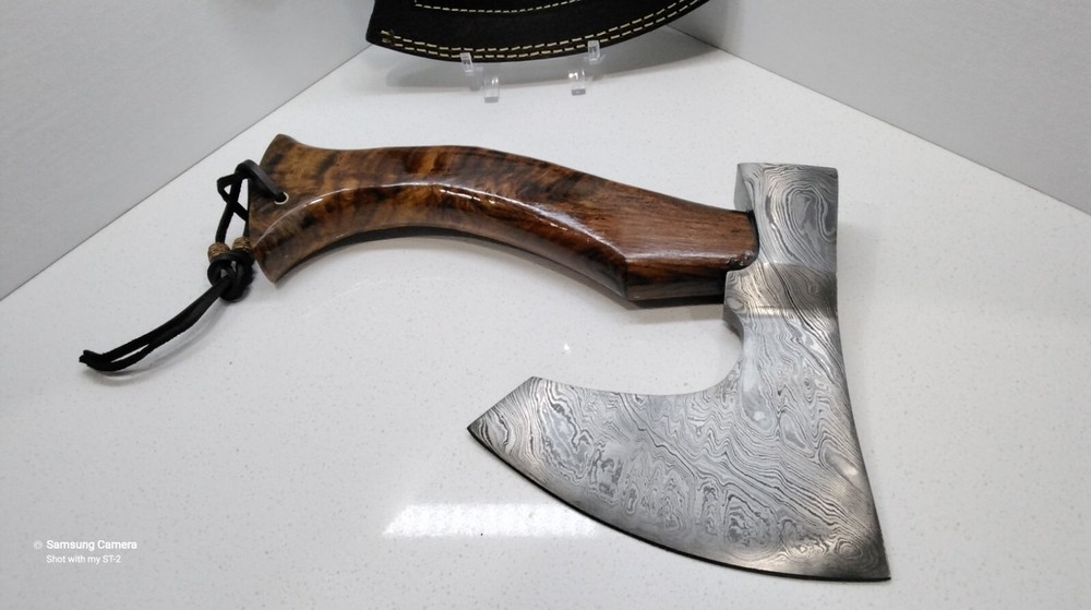 Damascus Hand Axe Hatchet Tomahawk Survival Walnut Wood Handle Leather Sheath