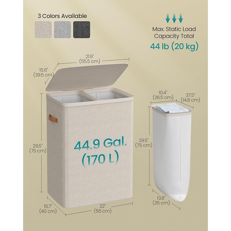 Laundry Basket W/ 2 Compartments Easy Assembly Hamper W/ Lid & Handles New