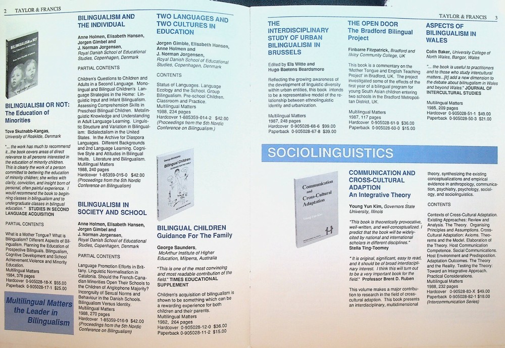 Bilingualism & Multicultural Issues Book Catalog Taylor & Francis 1989