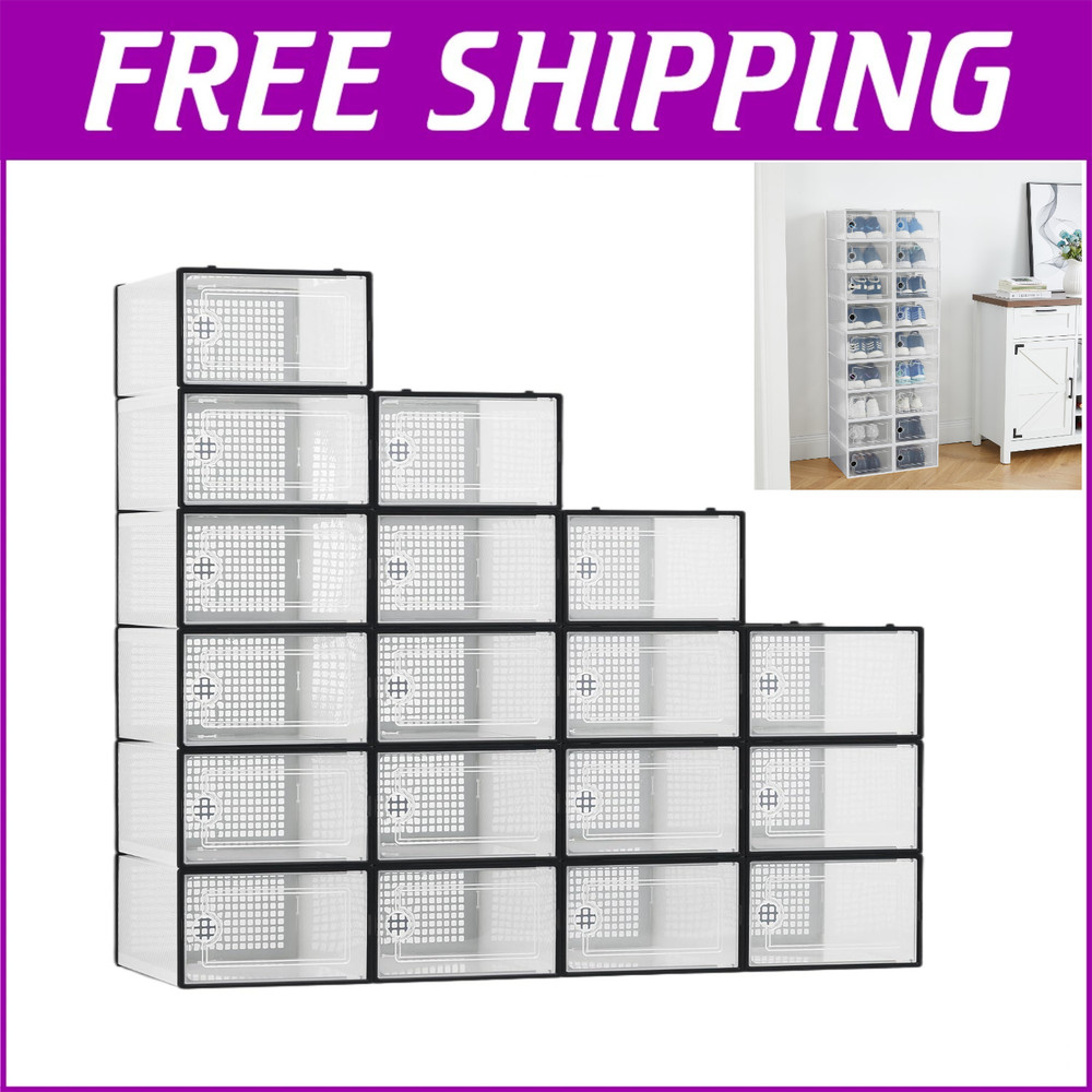 🔝18 PK PLASTIC SHOE BOXES FOLDABLE STACKABLE SHOE STORAGE ORGANIZERS CLEAR/BLAC