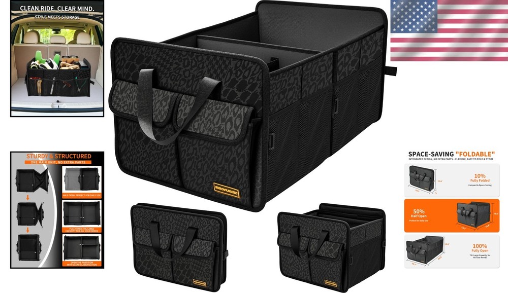 Black Leopard Collapsible Trunk Organizer - Spacious 3 Compartment Storage