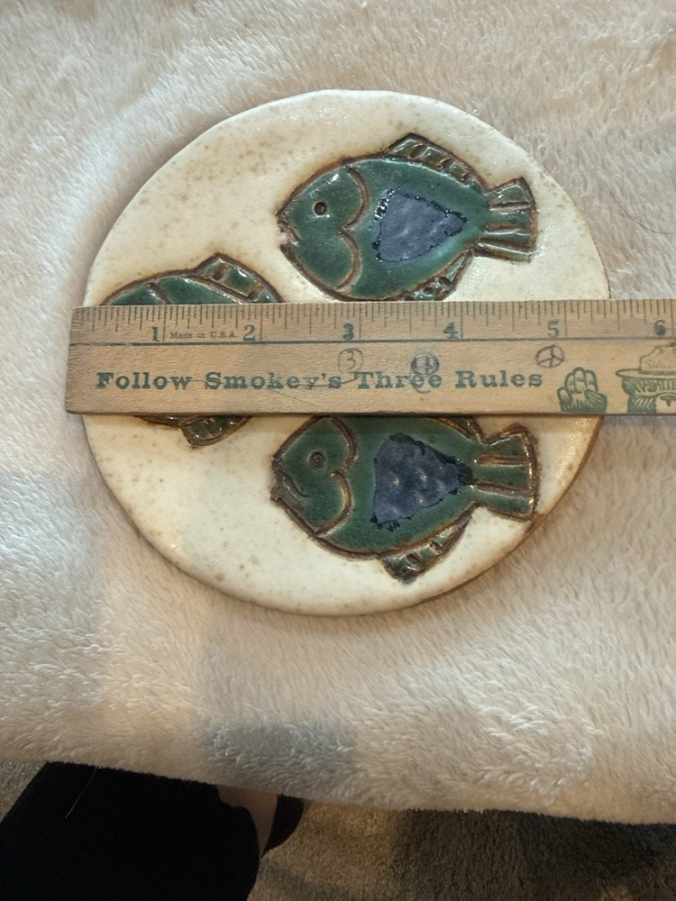 Signed Studio Pottery Fish Tile Trivet Handmade Ceramic Coastal Turquoise