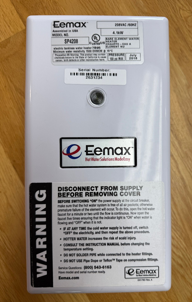 Eemax SP4208 Single Point Instantaneous Tankless Water Heater 208VAC 4.1kW