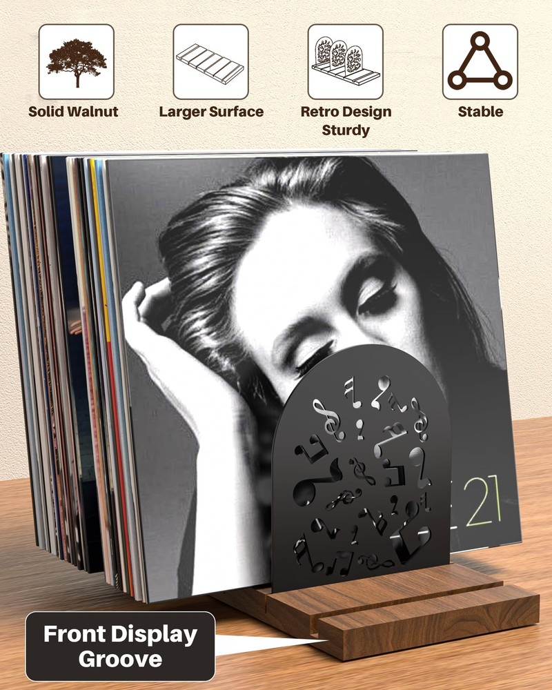 SouStoCol Vinyl Record Storage, Walnut Record Holder for 70-100 LP, Solid Pine W