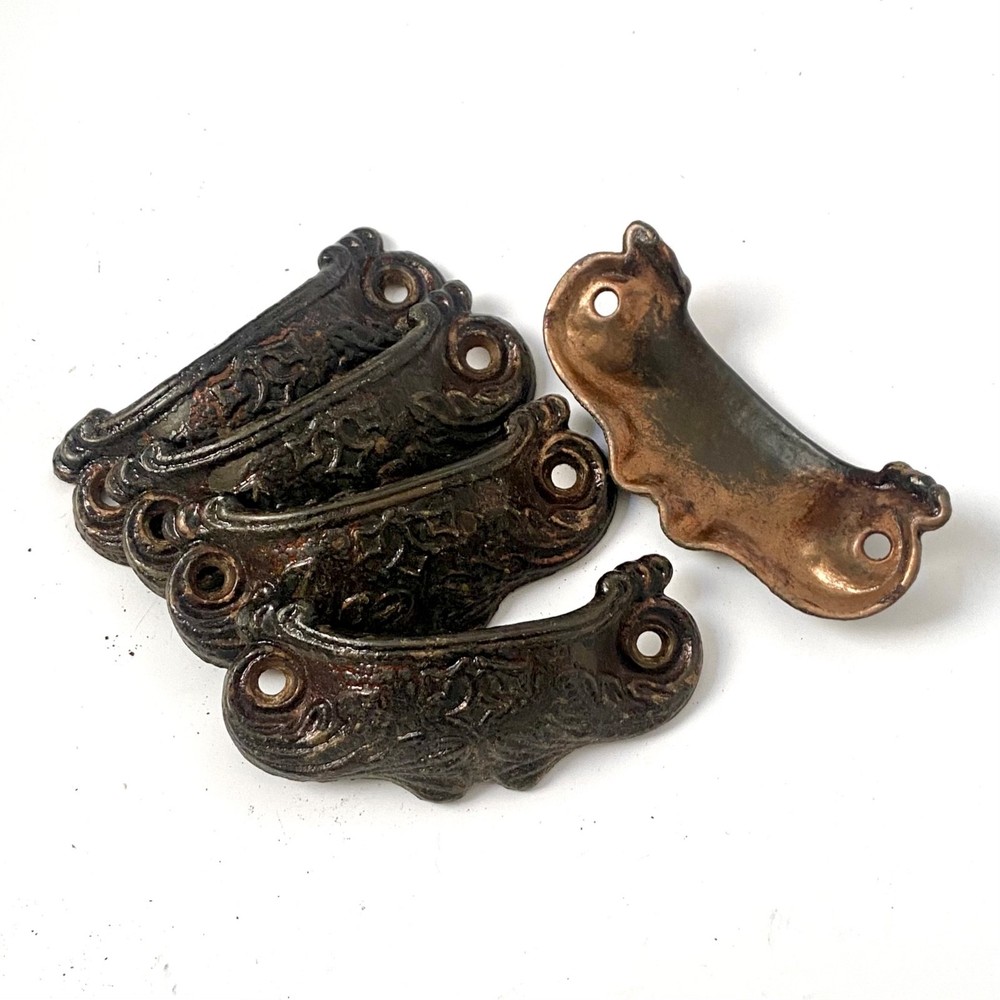 Five 3.875" Cast Iron Drawer Bin Pulls Leaves Scrolls Reading Hardware PA c1885