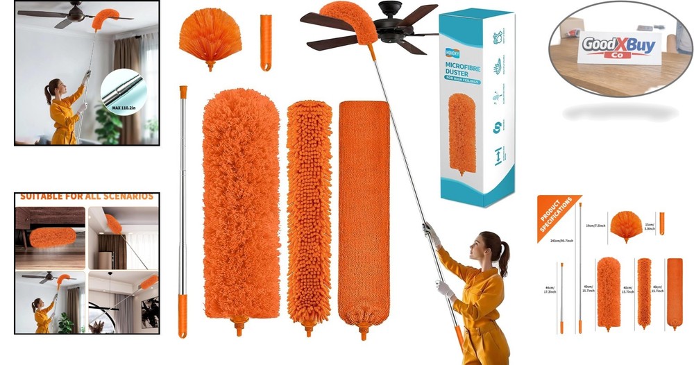 Extendable Cobweb Duster Kit with Telescoping Pole and Microfiber Head for Hi...