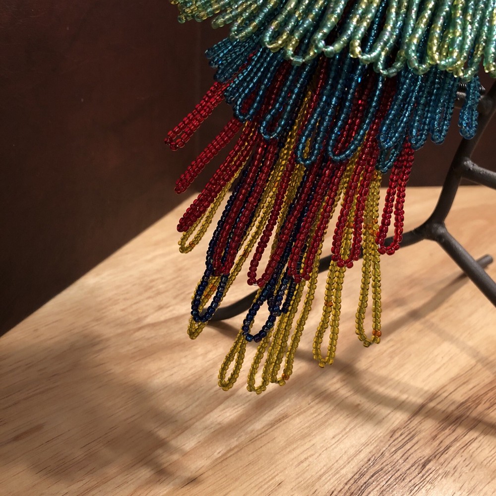 Parrot Sculpture with perch on stand Beaded Beautiful