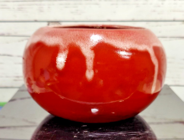 Round Crimson and White Drip Glaze Studio Art Pottery Ceramic Planter