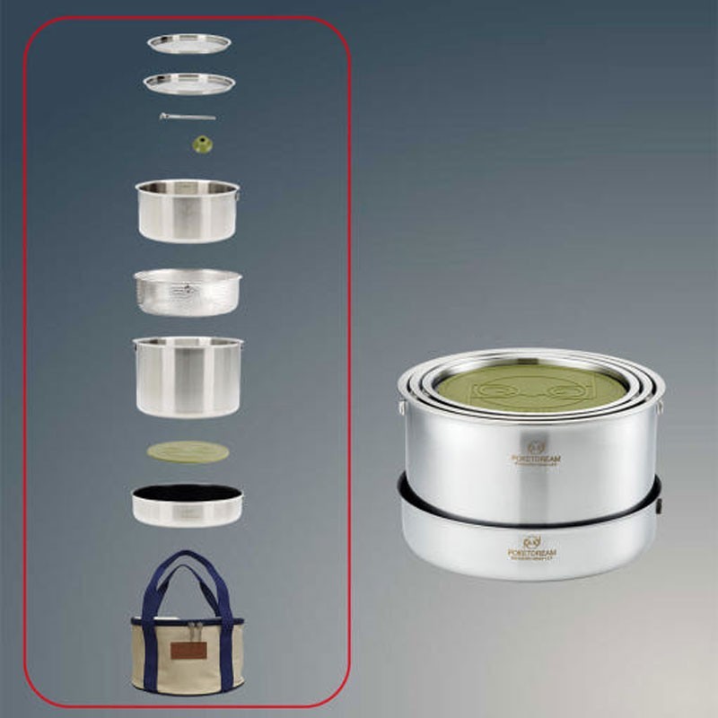 PoketDream ProH Cookware 9pc Set – Stackable Camping Pots, Pan & Steamer + Bag