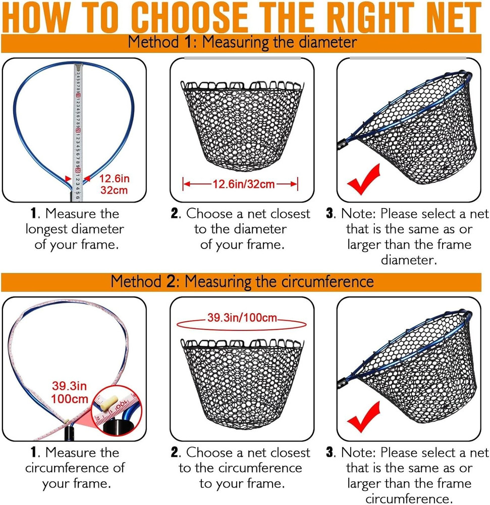 Clear Black Rubber Fishing Net Replacement Netting, Foldable, 5 Sizes