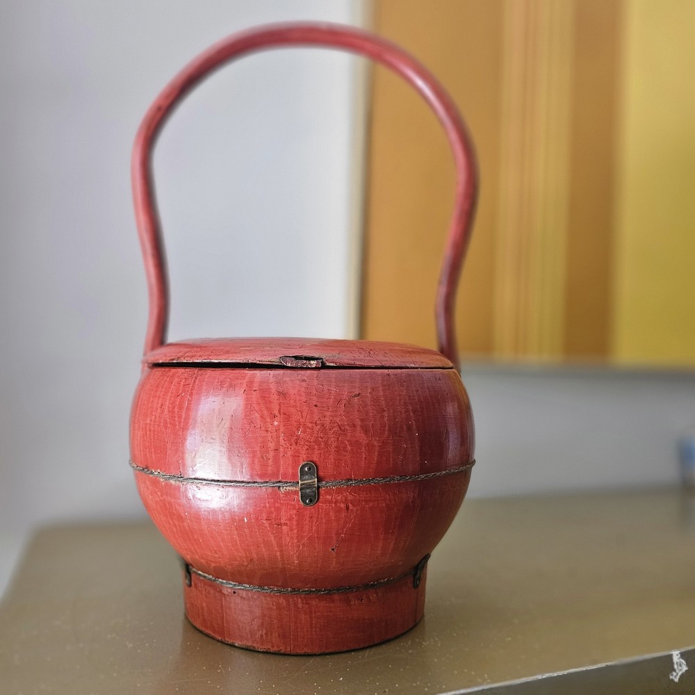 Vintage Wooden Chinese Box  Basket Round Handled Orange
