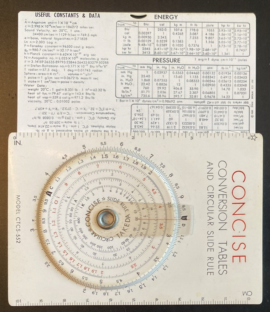 Vintage Concise Circular Slide Rule and Conversion Tables CTCS-552, Sama & Etani