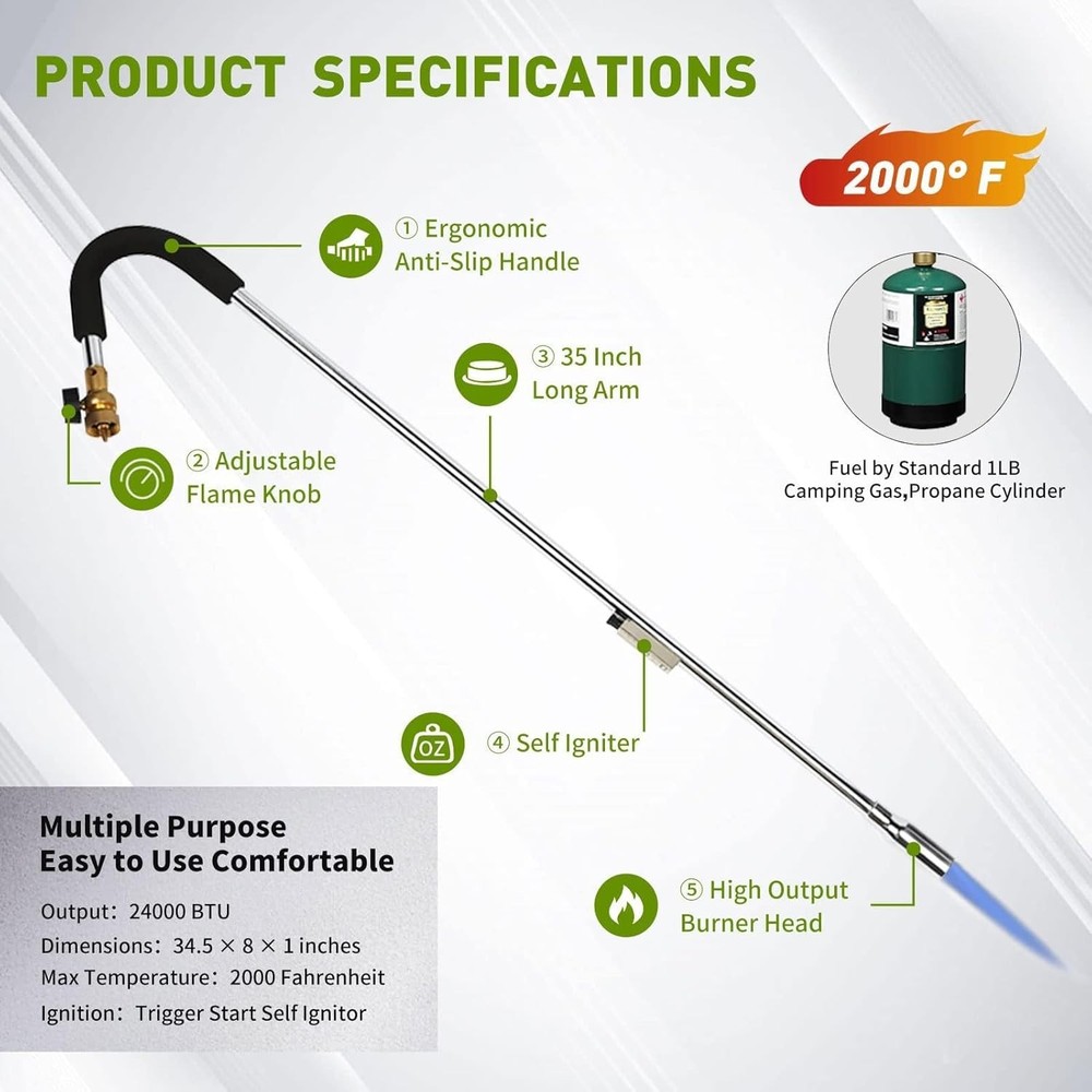 Thirty-five inch propane weed torch burner.